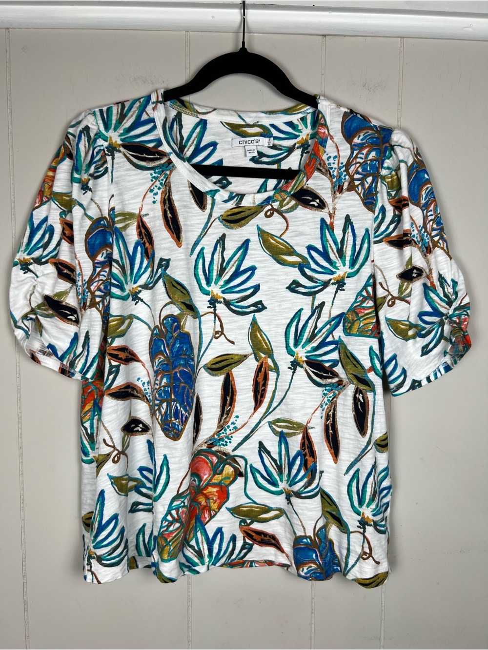 Chico's White  Garden Floral Puff-Sleeve Tee  Leaves Cotton Modal Size 3 (XL)